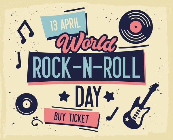Ροκ φεστιβάλ αφίσα. Παγκόσμια ημέρα Rock-n-Roll πανό με κιθάρα για Flyer, φυλλάδιο, καλύπτουν. Ζωντανή μουσική συναυλία πρότυπο σχεδίασης. Επίπεδη εικονογράφηση διάνυσμα — Διανυσματικό Αρχείο