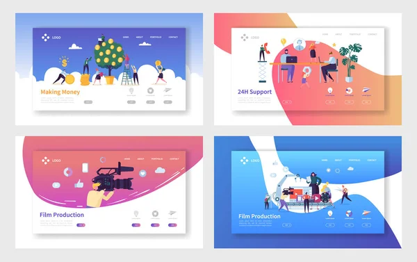 Produção de Filmes Ganhar Dinheiro Landing Page Set. Suporte Técnico ao Cliente Dia Inteiro, Aumento de Caráter de Capital, Operador Atira Vídeo Site ou Página Web. Desenhos animados plano Vector Ilustração — Vetor de Stock