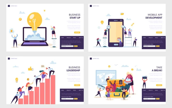 Puesta en marcha del negocio conjunto de páginas de aterrizaje. Desarrollo de aplicaciones móviles, Habilidad práctica de liderazgo para el equipo de guía, Vacaciones después del trabajo pesado Sitio web o página web. Ilustración plana del vector de la historieta — Vector de stock