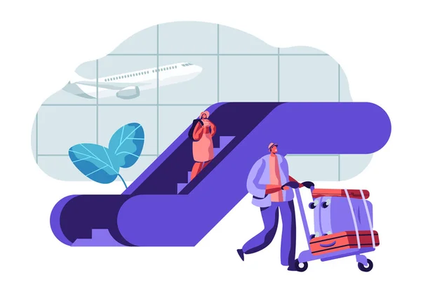 Passageiros viajantes à espera de partida no aeroporto. Personagens de pessoas com bagagem no terminal do aeroporto e avião voador. Ilustração plana vetorial —  Vetores de Stock