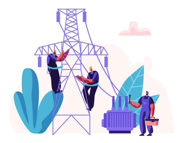 Electricista Trabajadores reparando línea eléctrica. Concepto de instalaciones eléctricas con ingeniero reparador en uniforme en trabajos de mantenimiento de cableado. Ilustración plana del vector — Archivo Imágenes Vectoriales