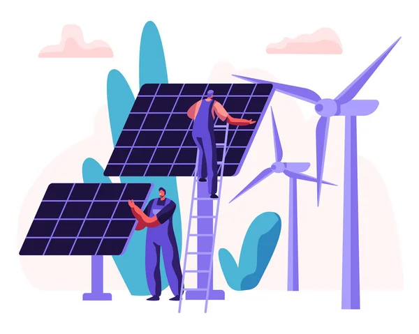 Conceito alternativo de energia limpa com painéis solares, turbinas eólicas e personagem engenheiro. Fontes de energia renováveis com moinhos de vento. Ilustração plana vetorial —  Vetores de Stock