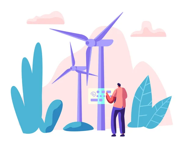 Alternatieve energiebronnen Concept met Wint Turbines en karakter van de werknemer. Milieu Power technologie hernieuwbare energie. Platte vectorillustratie — Stockvector