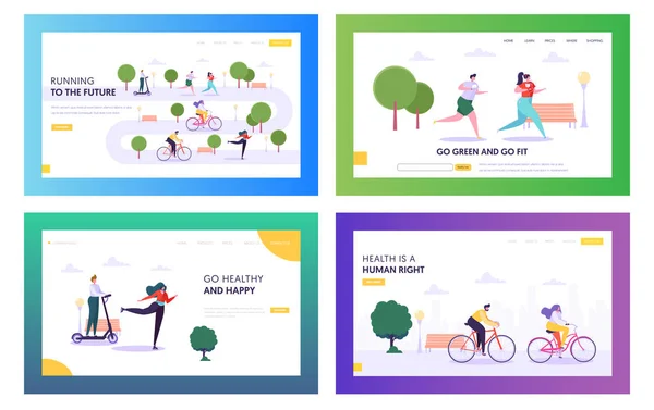 Health is Human Right Landing Page Set (en inglés). Estilo de vida Caracter Riding Bike, Rollers and Scooter in Park. Happy Running to Healthy Future Website or Web Page. Ilustración plana del vector de la historieta — Vector de stock