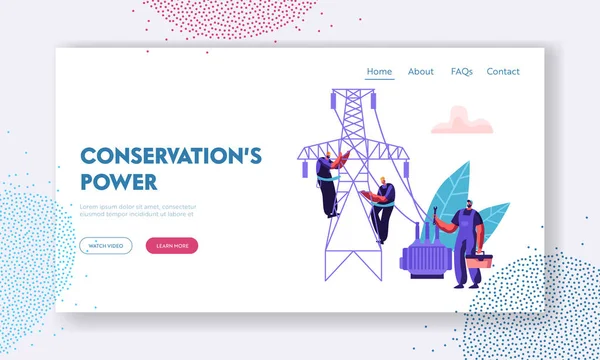 Operai elettricisti che riparano la pagina di atterraggio della linea elettrica. Concetto di impianti elettrici con ingegnere riparatore in uniforme presso il sito web dei lavori di manutenzione dei cablaggi, pagina web. Illustrazione piatta vettoriale — Vettoriale Stock