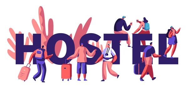 Hostel för turist Banner. Ankomsten av tecknet för besök City. Lägre pris, billigt ställe för levande eller natt. Alternativ hem för någon dag. Rum för avkoppling. Flat tecknade vektorillustration — Stock vektor