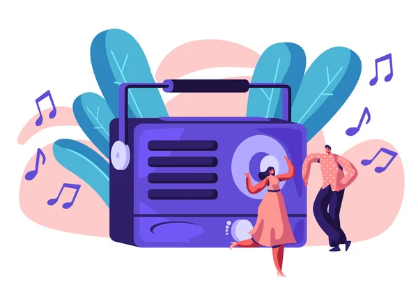 Grabadora de radio tocando música para persona feliz. Mujer en vestido y hombre bailando con música ruidosa. La gente escucha canciones y sonrisas. Dispositivo de grabación estéreo de sonido Ilustración plana horizontal de vectores de dibujos animados — Vector de stock