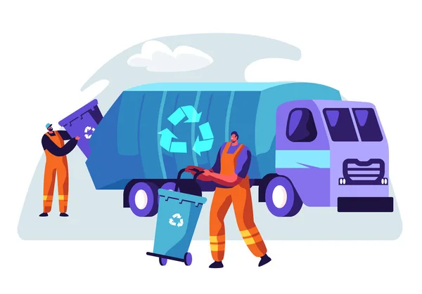 Homme Nettoyage conteneur poubelle à camion poubelle avec panneau de recyclage. Camion pour le service d'enlèvement des déchets urbains. Caractère collecter poubelle pour véhicule de transport industriel dessin animé plat vectoriel Illustration — Image vectorielle