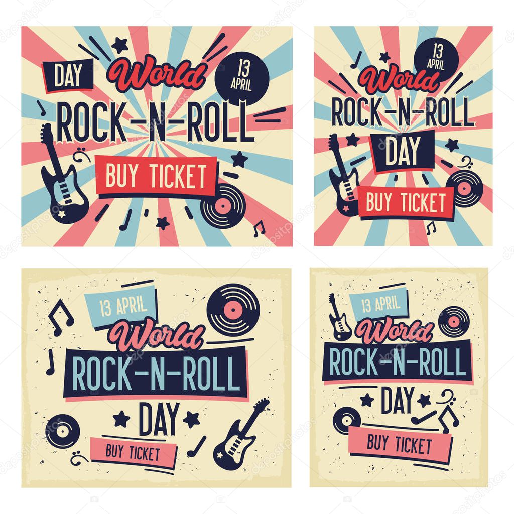 Rock Festival Poster Set. World Rock-n-Roll Day Banner with Guitar for Flyer, Brochure, Cover. Live Music Concert Design Template. Vector flat illustration