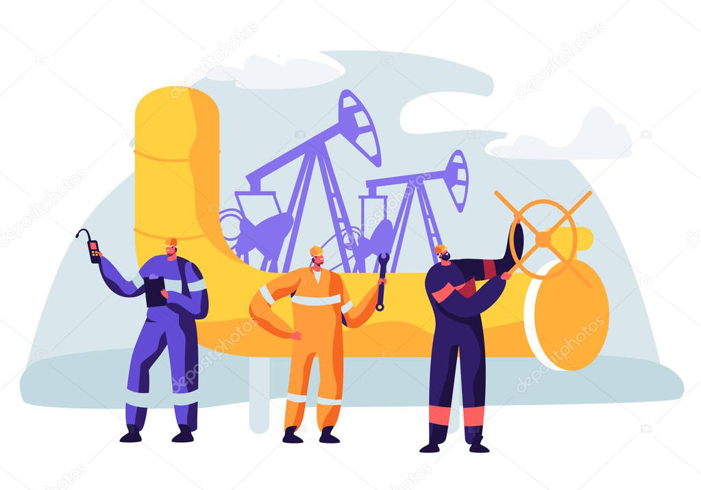 Oil and Gas Industry Concept with Man Character Working on the Pipeline. Oilman Worker on Production Line Petrol Refinery. Vector flat illustration