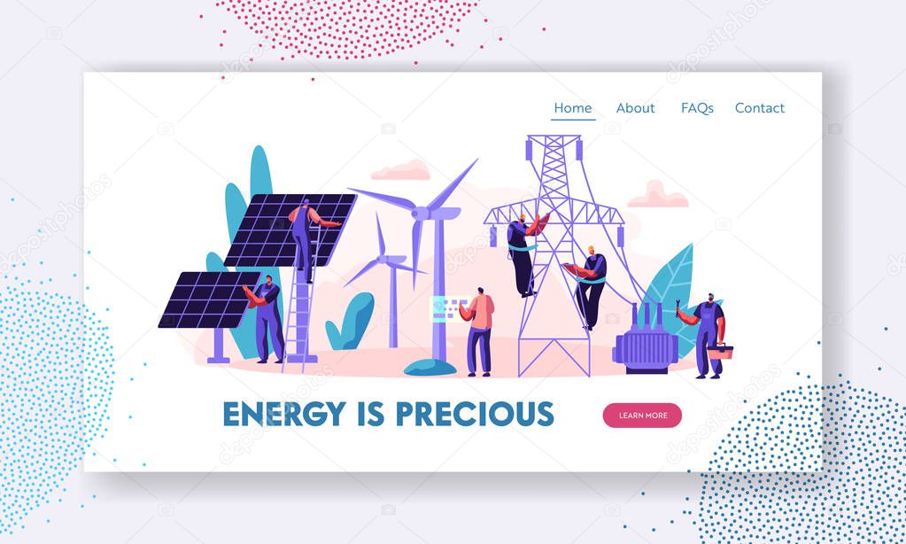 Alternative Clean Energy Concept with Solar Panels, Wind Turbines and Engineer Character Landing Page. Renewable Power Sources with Windmills Website, Web Page Banner. Vector flat illustration