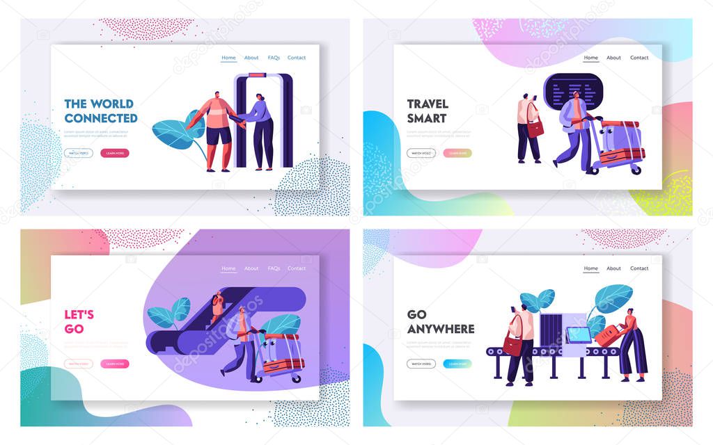 Airport Terminal with Passengers Waiting for Flight Landing Page Template Set. Traveling Man and Woman with Baggage on Security Check Scanner for Website, Web Page Banner. Vector flat illustration