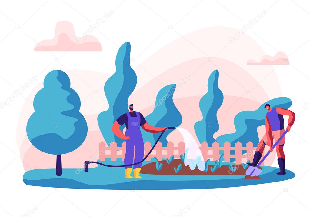 Gardener Characters at Work. Man Working in the Garden Watering Flowers and Care Plants with Tools. Organic Gardening Concept. Vector flat illustration