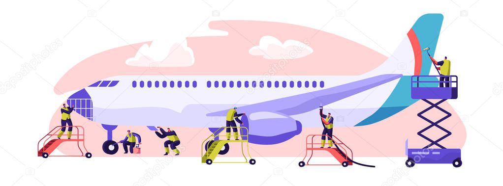 Plane Service Banner. Aircraft Maintenance, Inspection and Repair. Performance of Task Required to Ensure the Continuing Airworthiness of Airplane. Flat Cartoon Vector Illustration