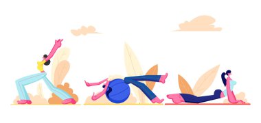 Egzersiz kız seti. Spor giyim jimnastik, fitball ve Yoga ile Fitness Doing açık havada genç atletik kadın giyiyor. İnsanlar sağlıklı yaşam etkinliği. Karikatür daire vektör Illüstrasyon