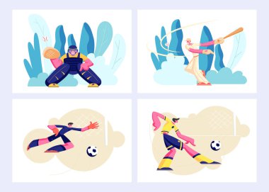 Çeşitli tür spor seti, Oyunlar ve oyuncular eylem. Beyzbol Catcher, Batter, futbol futbol saldırı adam, kaleci spor karakterler takım üniforması, yarışma. Karikatür daire vektör Illüstrasyon