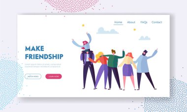 Grup Genç neşeli Insanlar neşelendirmek eller ve kucaklayan, dostluk kavramı, erkekler ve kadınlar birlikte zaman harcamak, sıcak ınsan Ilişkileri açılış sayfası için Web sitesi karikatür düz vektör Illüstrasyon