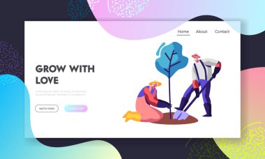 Eski Insanlar Bahçe Hobby. Erkek ve kadın Senior Bahçers çift Ekim ağacı. Yaşlı adam kazma toprak, kadın tutmak bitki. İnternet sitesi açılış sayfası, Web sayfası. Karikatür düz vektör Illustration, banner