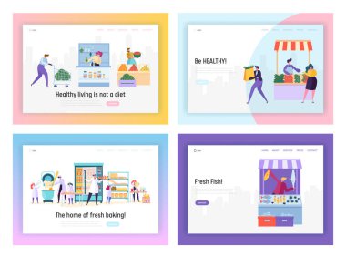 Sağlıklı gıda açılış sayfası şablonları kümesi. İnsanlar karakter üretmek ve mağaza çeşitli ekolojik organik ürünler sebze, meyve, balık, fırın, konsept karikatür düz vektör Illustration