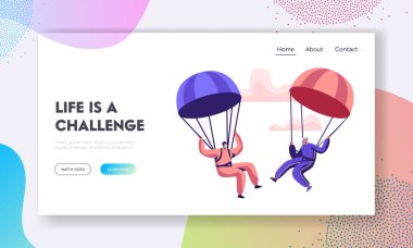 Göklerde paraşüt ile yüzen Sportswear kıdemli adam ve kadın Skydivers. Yaşlı karakterler skydiving Extreme spor, Web sitesi açılış sayfası, Web sayfası Doing. Karikatür düz vektör Illustration, banner