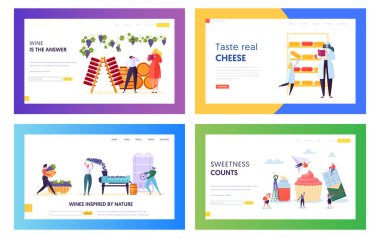 Set lezzetli gıda ve Içecek üretim açılış sayfası Templates. Konfeksiyon, şarapçılık ve Cheesmaking üretim, yüksek kaliteli üretim insanlar karakterler. Karikatür daire vektör Illüstrasyon