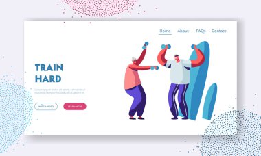 Dumbbells ile yaşlı Insanlar eğitim. Yaşlı SPORTSMEN çift açık egzersiz. Mutlu kıdemli adam ve kadın sağlıklı Lifestyle. İnternet sitesi açılış sayfası, Web sayfası. Karikatür düz vektör Illustration, banner