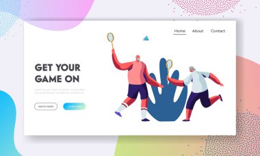 Yaşlı SPORTSMEN çift Park badminton açık havada oynarken birlikte zaman harcamak. Kıdemli Insanlar sağlıklı yaşam ve spor yaşam. İnternet sitesi açılış sayfası, Web sayfası. Karikatür düz vektör Illustration, banner