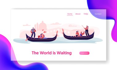 Italya 'da romantik tur. Venedik 'te aşk. Gondoliers hugging ve fotoğraf yapma ile gondolas üzerinde yüzen mutlu seven çiftler. İnternet sitesi açılış sayfası, Web sayfası. Karikatür düz vektör Illustration, banner