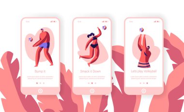 Plaj atlama ve vurmak Ball Concept Web sitesi veya Web sayfası için voleybol oynayan genç Insanlar. Hareketli mobil uygulama sayfasında Voleybol oyuncuları onboard ekran seti, karikatür düz vektör Illüstrasyon