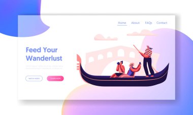 Venedik 'te seyahat eden mutlu Insanlar. Gondola çift Gondolier ile kanal yüzme Italya romantik gezi fotoğraf yapma yüzen. İnternet sitesi açılış sayfası, Web sayfası. Karikatür düz vektör Illustration, banner