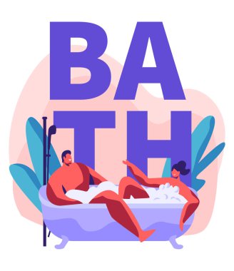 Genç adam ve kadın bubbled banyo köpük dolu alarak. Wellness Hotel banyo romantik tarih, yeni evli balayı rahat tatil, Ilişki çift. Karikatür düz vektör Illustration, poster