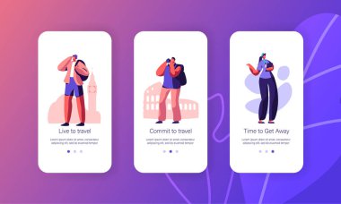 Web sitesi veya Web sayfası için Journey konsepti olan genç gezginler. Seyahat Insanlar, rehber, seyahat ajansı hizmet, seyahat Lifestyle mobil uygulama sayfası yerleşik ekran seti, karikatür düz vektör Illüstrasyon