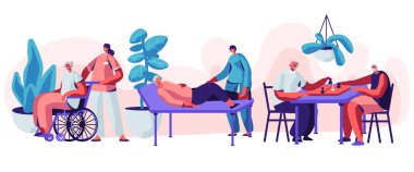 Hemşirelik evde eski özürlü Insanlar yardım. Sosyal Işçi topluluk Care hasta yaşlılar tekerlekli sandalye, yetenekli hemşire konut sağlık, fizyoterapi hizmeti. Karikatür daire vektör Illüstrasyon