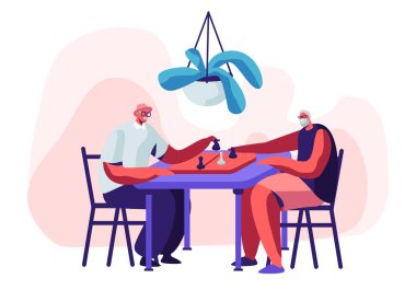 Hemşirelik evde satranç oynayan kıdemli erkekler rahatlatıcı. Neşeli emekliler çift entelektüel oyun, emekli Insanlar Leisure ve SpareTime birlikte zaman harcamak. Karikatür daire vektör Illüstrasyon
