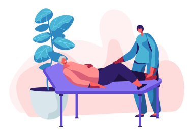 Hemşirelik evde fizyoterapi hizmeti. Yaşlı kadın kanepede ve genç hemşire veya doktor dizlerinin prosedürü, devre dışı kıdemli Insanlar, karikatür düz vektör Illustration yukarı kontrol yatıyor