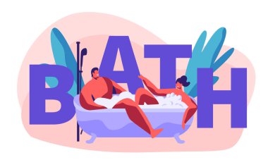 Young People Characters Relaxing and Bathing in Bath Tube Full of Soap Foam. Couple of Man and Woman Bath Have Romantic Dating Concept, Poster, Banner, Flyer, Brochure Cartoon Flat Vector Illustration clipart