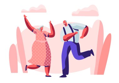 Dans ile kıdemli evli çift SpareTime, yaşlı Insanlar aktif Lifestyle, yaşlı adam ve sevgi dolu ya da dost Ilişkileri kadın birlikte zaman harcamak, Extreme Leisure. Karikatür daire vektör Illüstrasyon
