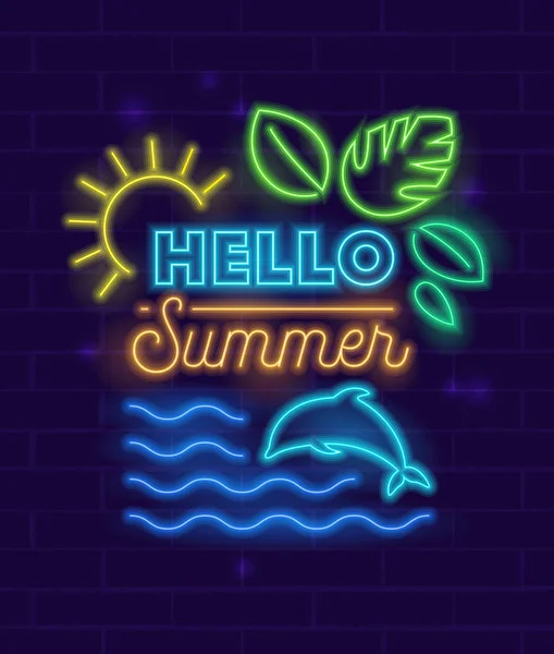 Bannière Hello Summer avec des éléments lumineux de style néon et typographie sur fond mural en brique. Soleil brillant, feuilles tropicales et dauphins dans les vagues de la mer. Circulaire de fête à la plage, Affiche, Illustration vectorielle — Image vectorielle