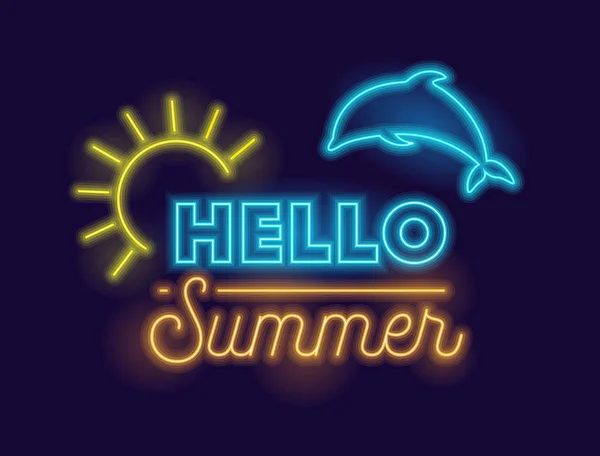 Bannière créative Hello Summer avec un soleil et un dauphin très détaillés et réalistes sur fond bleu foncé. Panneau lumineux coloré d'été ou emblème de club de loisirs. Illustration vectorielle — Image vectorielle
