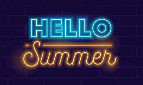 Hello Summer Néon réaliste très détaillé Typographie éclatante sur fond bleu foncé. Bannière, dépliant, affiche pour la promotion de divertissement d'été ou élément pour la conception de dépliant. Illustration vectorielle — Image vectorielle