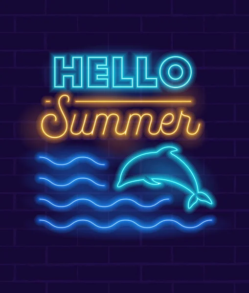 Lumineux néon signe ou logo pour la décoration de l'été Commencez la fête avec brillant dauphin saut dans les vagues de l'océan pour Club ou Bar sur fond sombre avec Hello Summer Typography. Illustration vectorielle — Image vectorielle