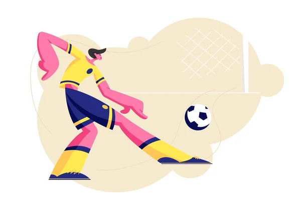 Personaje joven jugador de fútbol en uniforme de equipo patada pelota, deportista de entrenamiento antes de la competencia, torneo de la liga de fútbol. Sport Life, deportista en movimiento en el juego. Dibujos animados plana Vector Ilustración — Vector de stock