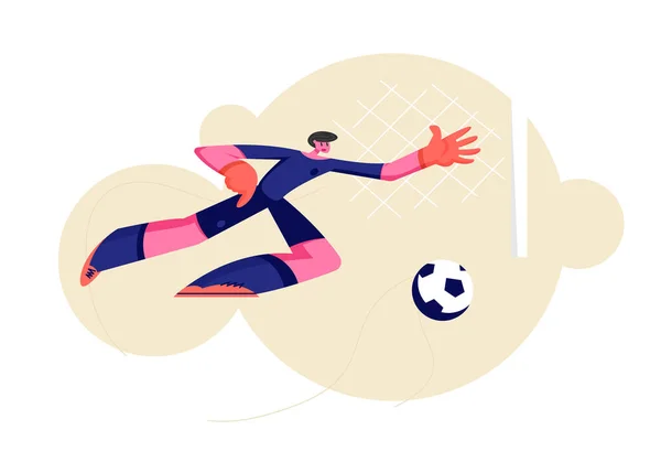 Goleiro saltando para pegar bola no jogo de competição de futebol. Jogador de Futebol Defender Portão Atacado, Personagem Masculino Ir para Obter Bola, Homem Engajar Esporte, Jogador de Futebol. Desenhos animados ilustração vetorial plana — Vetor de Stock