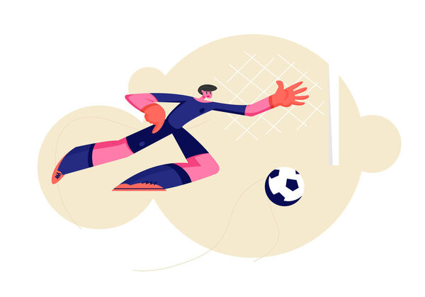 Goalkeeper Bouncing to Catch Ball at Football Competition Game. Soccer Player Defend Attacked Gate, Male Character Jump to Get Ball, Man Engage Sport, Football Player. Cartoon Flat Vector Illustration