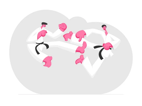 Couple de jeunes sportifs portant l'uniforme Kimono et les ceintures noires s'affrontent au karaté Coup de pied à l'air, personnages masculins combattant et pratiquant la compétition de combat, style de vie sportif Dessin animé Illustration vectorielle plate — Image vectorielle