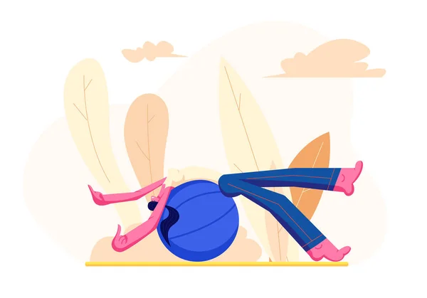Menina em Sports Wear Relaxante no Fitball durante o treino de treinamento ao ar livre. Fitness Woman Character Fazendo Exercícios para Estilo de Vida Saudável, Fitness Sport Activity. Desenhos animados ilustração vetorial plana — Vetor de Stock