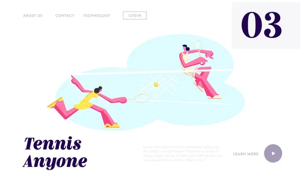 トーナメント競技中の女性のテニス選手のカップルは、バスケットの上にラケットでボールを打つ。スポーツセクションのウェブサイトのランディングページ, ウェブページ.漫画フラットベクトルイラスト、バナー — ストックベクタ