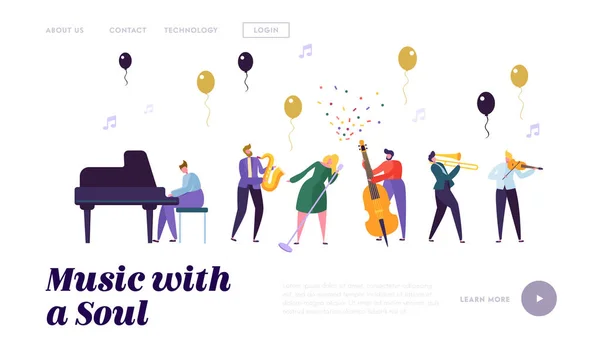 Groep musicus artiesten, populaire Jazz band die op het podium met verschillende muziekinstrumenten op Music Hall podium. Entertainment landing page template voor de website. Cartoon platte vector illustratie — Stockvector