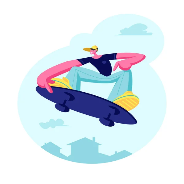 Jonge vent in de moderne mode kleding en Pet springen op skateboard. Skateboarder mannelijk karakter, skateboarden jongen aan boord in Skatepark, mensen buitenshuis activiteit. Cartoon platte vector illustratie — Stockvector