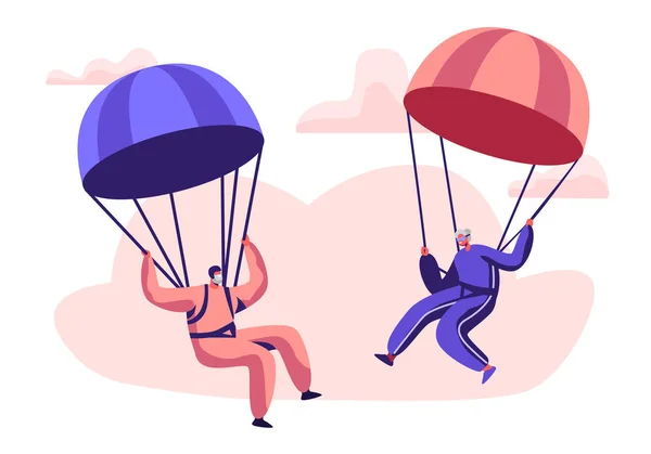 快乐的老年护父母角色做极端运动, 跳伞跳伞跳伞跳伞, 高级男子和女子跳伞穿制服漂浮在天空与降落伞。动画片平面向量例证 — 图库矢量图片